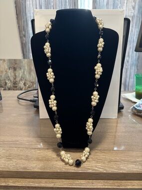 Pearl Cluster and Black Bead Long Necklace